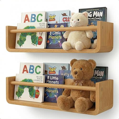 Ovalo Nursery Book Shelves Set of 2 - Solid Pine Wood Nursery Bookshelf, Floating Nursery Shelves for Wall, Wall Bookshelf for Kids Room, No-Assembly Wall Mounted Baby Book Shelf. (Natural Wood)