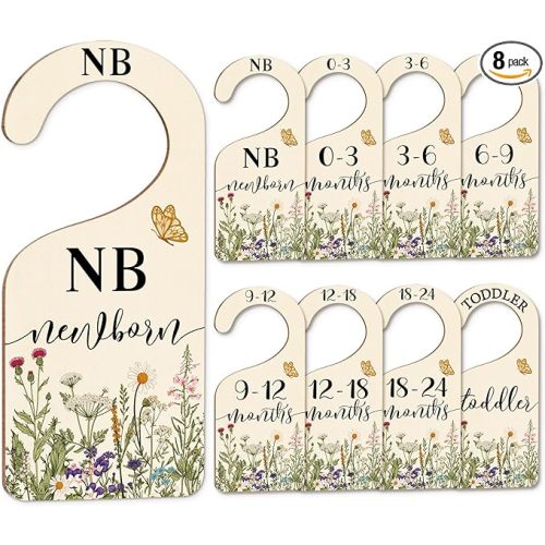 Whaline 8Pcs Wildflower Baby Closet Size Dividers Vintage Floral Leaves Hanging Wood Baby Closet Organizer Newborn to 24 Months Thicken Baby Wardrobe Organizer for Home Nursery