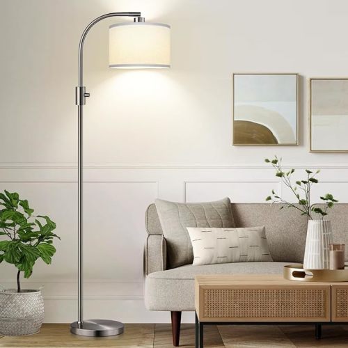 Upgraded Modern Arc Dimmable Tall Standing Floor Lamp with Linen Shade, 1200 Lumens LED Bulb Included, for Living & Reading Room, Bedroom, Office & Nursery, Brushed Nickel