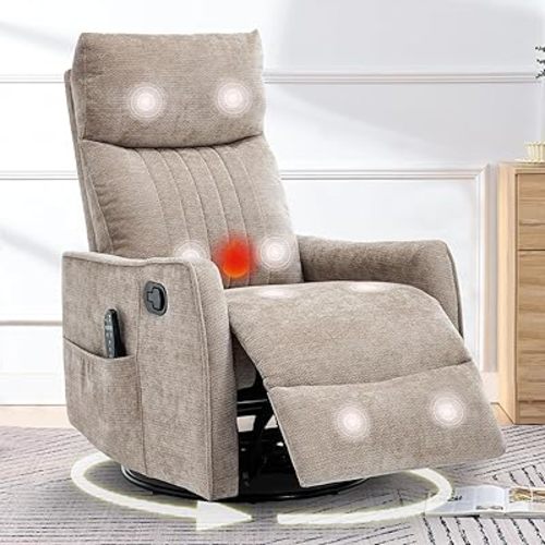 cinkehome Swivel Rocker Recliner, Glider Rocker Recliner Chair for Nursery, Manual Reclining Chair with Heated Massage, Small Spaces, Living Room, Khaki Chenille