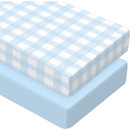 Peryiter 2 Pack Crib Sheets for Girls Boys Coquette Bed Sheet Set Fitted 52'' x 28" for Standard Crib Mattress Stretchable Soft Toddler Aesthetic Nursery Decor (Plaid Checkered,Blue)