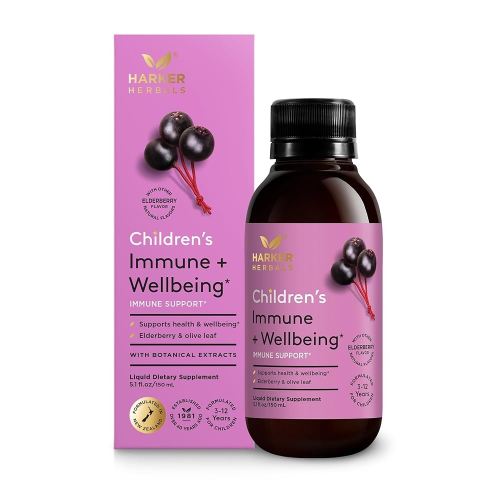 3+ Children’s Immune + Wellbeing Syrup, Liquid Herbal Immune Support for Kids with Echinacea, Elderberry & Olive Leaf, Natural Elderberry Flavor, Plant-Based, Ages 3 to 12, 5.1 fl oz