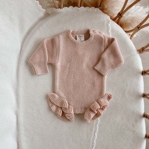 Long Sleeve Frill Leg Knit Romper - Pink Lemonade