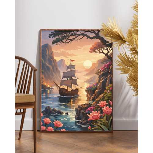 Pirate Ship Wall Art Poster – Caribbean Coastal Sunset Print – Neverland Kids Room Decor – Sailboat Nursery Art – Storybook Ocean Art