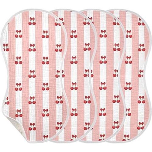 4 Pack Muslin Burp Cloths Bow Cherry Stripe Cotton Baby Burp Cloths Ultra Absorbent and Soft Thick Burping Cloth for Newborn Babies 22x11 Inch