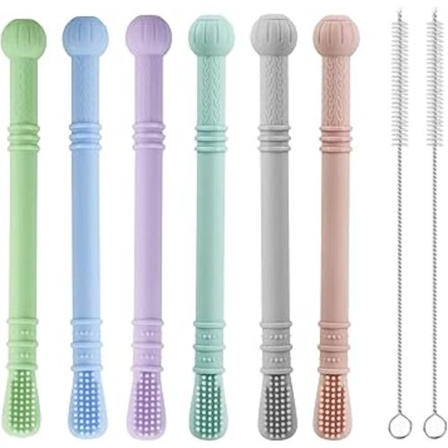 PandaEar Silicone Baby Teether Tubes, 6 Pack Teething Sticks for Babies| Soft Baby Teething Toys Chew Frozen Teether for Teething Relief with 2 Cleaning Brush, Baby Toys 0-3 3-6 6-12 months
