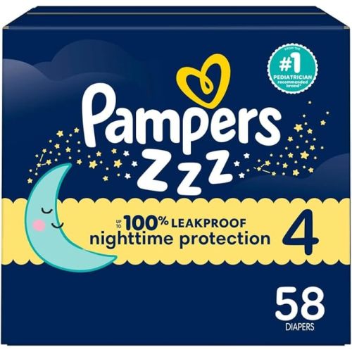 Pampers ZZZ Overnight Diapers, Size 4 (22-37 lbs), 58 Count, Nighttime Protection Disposable Baby Diaper, Night Time Leak and Skin Protection