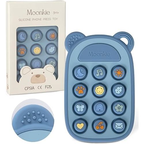Moonkie Silicone Press Phone Teething Toy for Baby 3 Months+ | Soft BPA-Free Teether with Icon & Number Pop Bubbles | Ideal Gift for Baby Boys