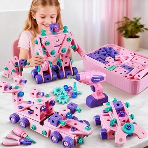 Pink Kids Tool Set for Girls,Toddler Tool Set with Drill &Toolbox,STEM Montessori Toys for 3 4 5 Year Old,Pretend Play Kid Toy,Educational Construction Toy for 3-6 Year Old Girl,Birthday Gift for Kids