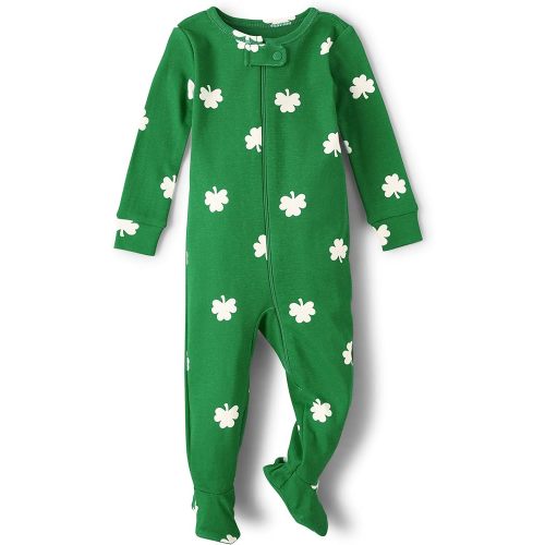 Long Sleeve Zip-Front One Piece Footed Pajama, St. Patrick's Day Shamrock, 0-3 Months