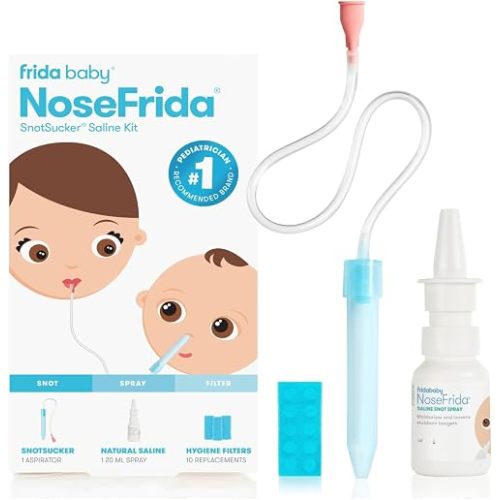 Frida Baby Saline Kit, Cold & Flu 12 pc Set Includes NoseFrida Nasal Aspirator for Baby, Nose Sucker, Saline Nasal Spray with 10 Extra Hygiene Filters, Nasal Spray Decongestant, 0.68 fl oz