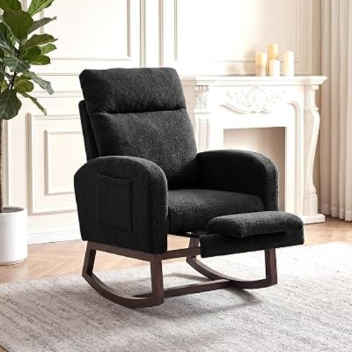 GarveeLife Nursery Rocking Chair,300lb Glider Chair with Solid Wood Legs/Two Side Pockets,Teddy Upholstered Glider Rocker with Footrest High Backrest for Living Room/Bedroom/Nursery