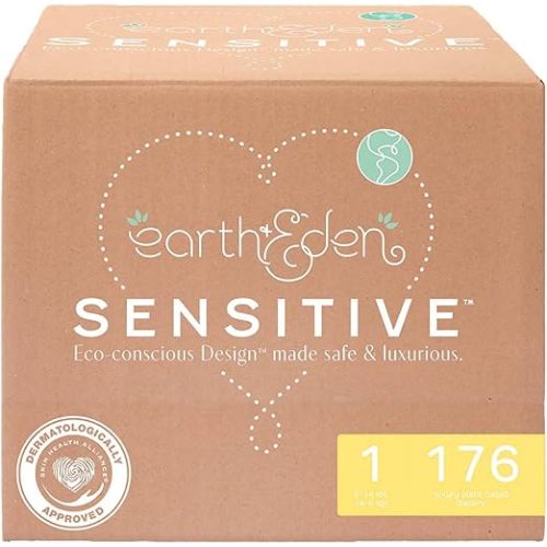 Earth & Eden Sensitive Baby Diapers, Size 1 (176 Count) - Eco-Conscious & Hypoallergenic Diapers - No Harsh Chemicals - Comfortable and Gentle on Skin - Dermatologically Approved