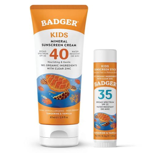Badger Kids Mineral Sunscreen Combo, SPF 40 Cream + SPF 35 Kids Face Stick, Organic Sunscreens w/Mineral Zinc Oxide, Water Resistant, Reef Safe Broad Spectrum, Tangerine & Vanilla Scent, 2-Pack