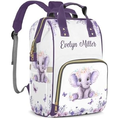 Personalized Diaper Bag for Girls Baby, Large Capacity Custom Purple Elephant Diaper Bag with Name, Waterproof Girls Baby Bag Backpack with Adjustable Shoulder Straps Nappy Bag