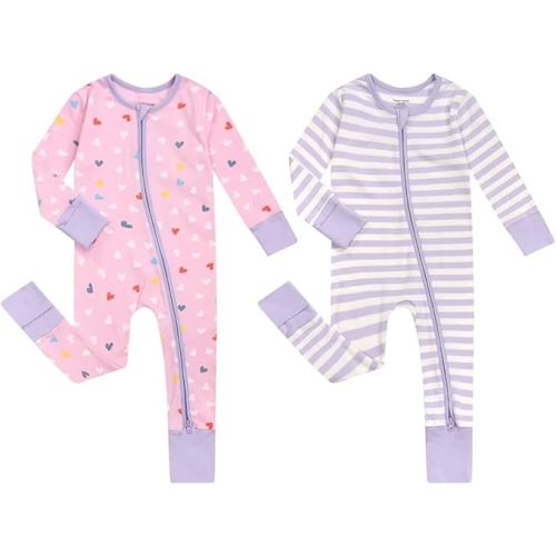 Teach Leanbh Unisex Baby 2 Pack Cotton Pajamas with Mittens and Feet Cuffs 2 Way Zipper Long Sleeve Romper Sleep and Play