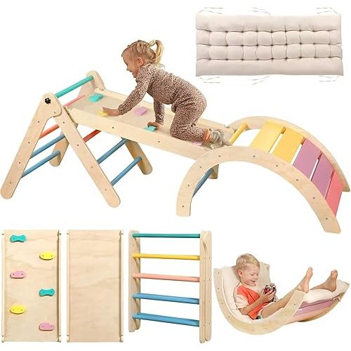 Pikler Triangle Set with Cushion, 7 in 1 Toddler Climbing Toys Indoor, Montessori Foldable Climbing Set, Wooden Climbing Toys for Toddlers 1-3 Inside with Ramp, Arch and Ladder (Rainbow)