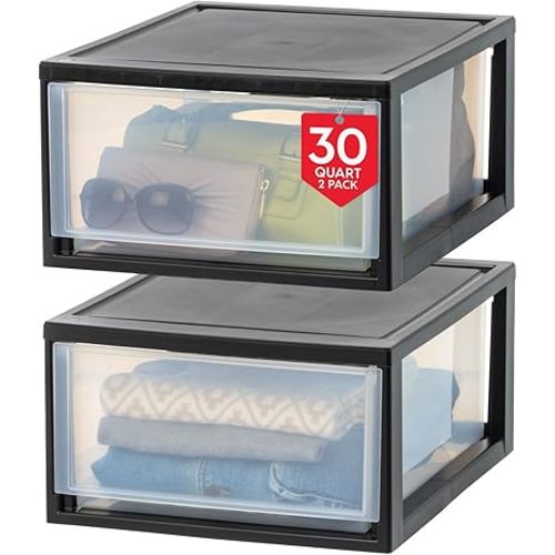 IRIS USA 30 Qt. Plastic Drawer Storage Organizer Stacking Drawers, 2-Pack, Stackable Unit with Sliding Drawer for Clothes Bedroom Kitchen Under Sink Pantry Craft Room Bathroom Dorm Office, Black