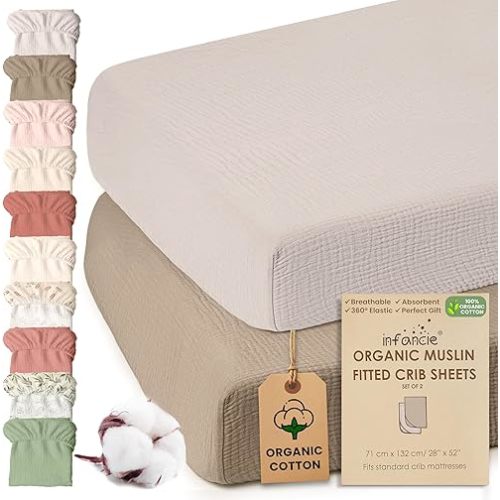 Infancie 100% Organic Cotton Muslin Crib Sheets (Set of 2) – Soft & Breathable Fitted Sheets for Boys and Girls, Neutral Colors – Fits Standard Baby Crib Mattress (28 x 52 Inches) Olive/Ivory
