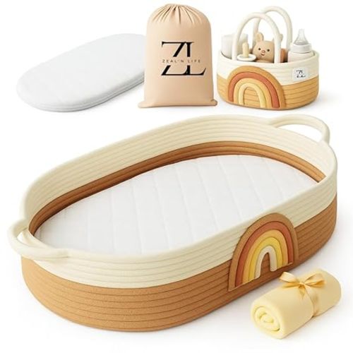 ZEAL'N LIFE Baby Changing Basket for Baby Dresser with Caddy Basket, Baby Blanket & Waterproof Changing Pad, Moses Basket for Babies (Brown) (Coffee)