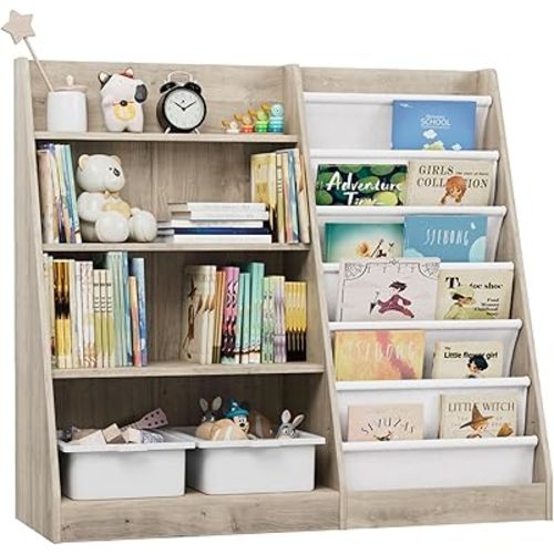Kids Bookshelf Wood Toy Storage Organizer Cabinet Children Bookcase Toddler Baby Sling Book Rack Adjustable Shelf for Playroom Bedroom Nursery Hallway School Kindergarten