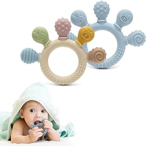 Silicone Teether for Babies 2-Pack – Soft & Easy Grip Teething Toys for Infants & Toddlers – 100% Food Grade Silicone, CPC Certified, BPA-Free Gum Soothers (Palm Teether/Colorful & Blue)
