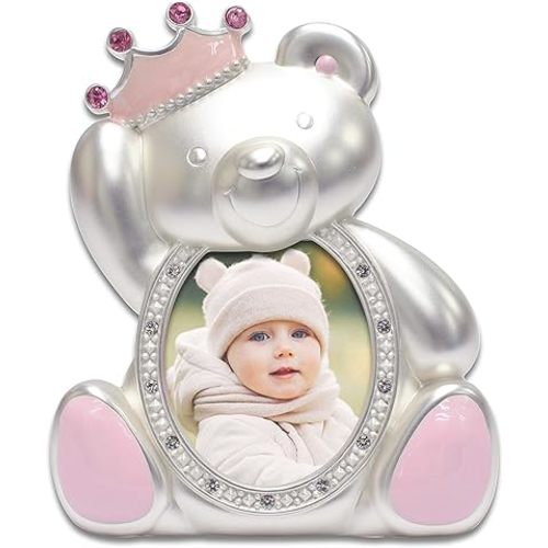 MIMOSA MOMENTS Silver Plated Teddy Bear 2x3 Picture Frame with Rhinestones and Enamel Decor, Metal Baby Picture Frame (Silver & light pink)