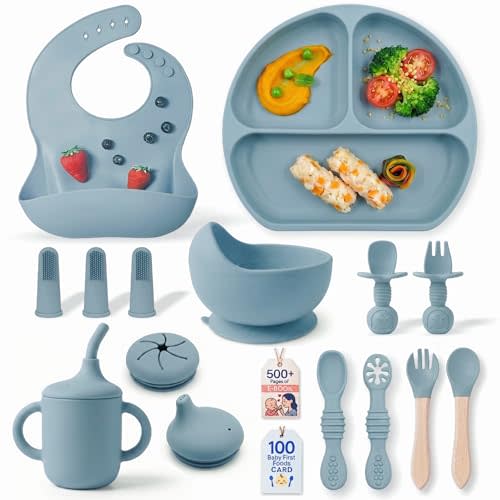Remonda 17-Piece BPA-Free Baby Silicone Feeding Set | Extra Large Suction Plates, Toddler Bowls, Self Feeding Spoons, and More | Dishwasher Safe| Infant Led Weaning Supplies(Blue)