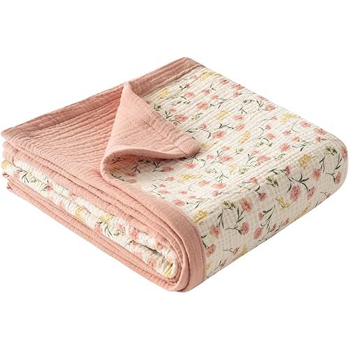 Little Jump Muslin Baby Blankets for Girls, Large 47" x 47" Cotton Crib Blanket for Baby Infant Toddler, Soft Breathable and Lightweight Toddler Quilt for Girls (Peach Floral)