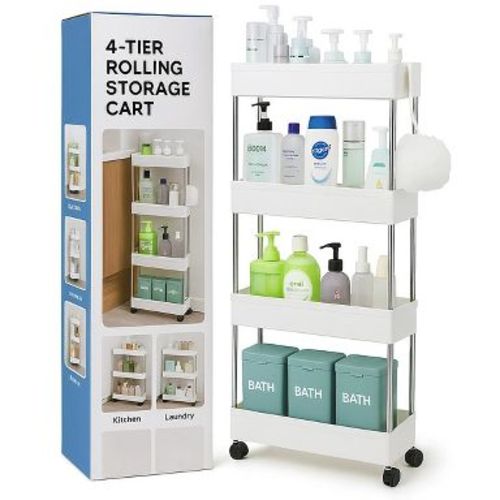 Modern Home 4 Tier Narrow Sliding Storage Organizer Rack - White Utility Cart