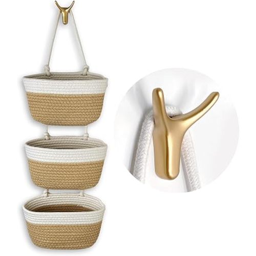 3-Tier Decorative Cotton Rope Hanging Basket, Wall-Mounted Woven Storage Organizer Bag, White + Jute