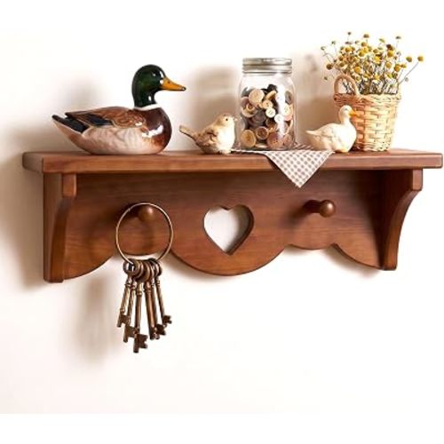 80s Vintage Heart Shelf with Pegs for Cottagecore Decor, Pine Wooden Heart Shelves for Wall, 15.7 Inch Vintage Heart Cutout Floating Shelf for Trinkets,Walnut Finish Heart Shaped Wall Shelf