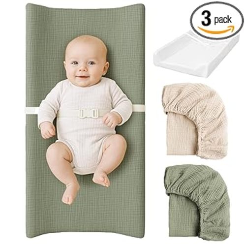Konssy Muslin Changing Pad with Waterproof Lining Foam, Includes 2 Pack Soft & Cotton Cover, Baby Diaper Changing Pad for Dresser or Table, 32x16 inches (Fog Green,Cream)
