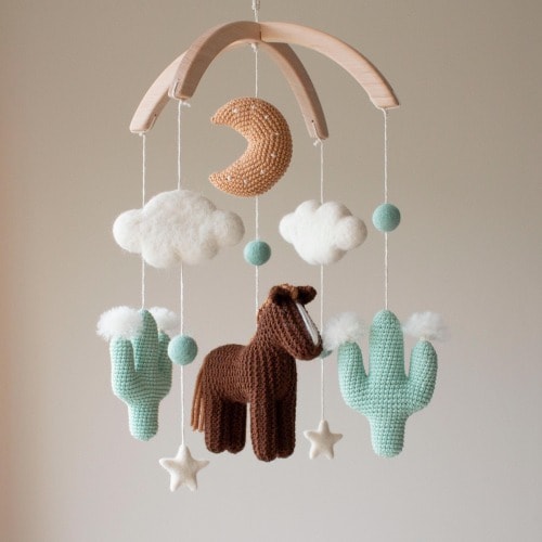 Baby mobile Horse & cactus - Western cowboy cowgirl nursery decor - Pony crib mobile - Equestrian cot mobile - Baby shower gift -UK handmade