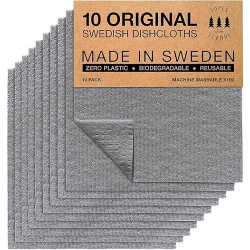 SUPERSCANDI 10 Pack Swedish Dishcloths for Kitchen - 100% Biodegradable & Compostable Reusable Paper Towels Washable, Food-Safe & Without Plastic - Dish Rags Suitable for Any Surface, Grey