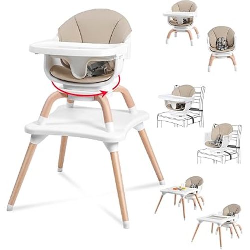 Baby High Chair, 7 in 1 Convertible High Chairs for Babies and Toddlers, Kids Learning Table, Building Block Table, Toddler Dining Chair with 360° Rotating Seat, 5-Point Safety Harness (Khaki)