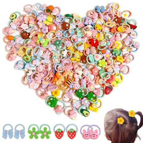 BlueZOO 100Pcs Baby Hair Ties Soft Resin Small Hair Bands for Little Girls | Safe & No Damage Tiny Hair Scrunchies, Toddler Kids Teens Fine Hair Ponytail Holders, Random Cute Style, w/ Storage Bag, Gift