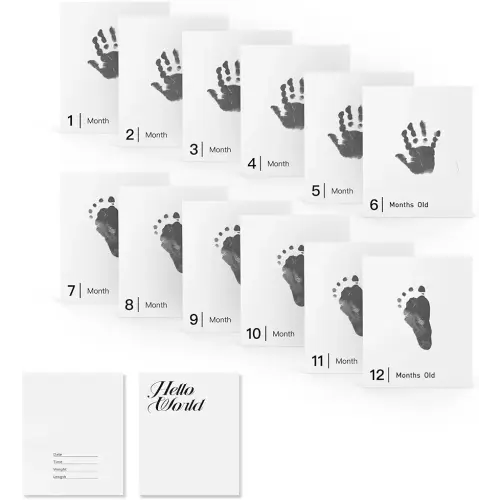 14 Sets Baby Inkless Milestone Cards,1 Month to 12 Month Hand and Footprint Kit,Newborn Safe Inkless Pad,Create Lasting Memories Perfect Souvenir Accessories(14 Ink Pad+14 Papers)
