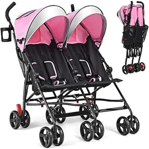 BABY JOY Double Umbrella Stroller, Lightweight Travel Side by Side Twin Stroller with Large Storage, Cup Holder, 5-Point Safety Harness, Adjustable Canopy & Compact Fold for Infant and Toddler (Pink)