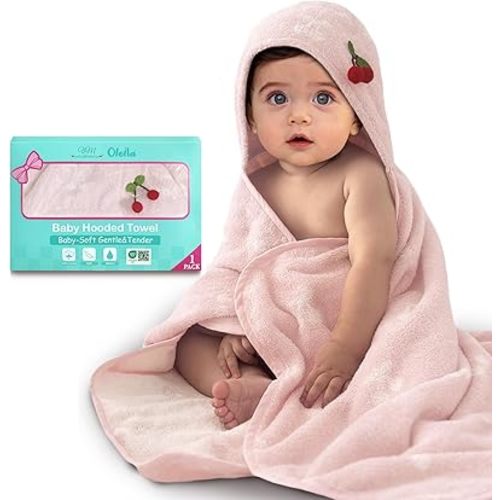 Luxury Pink Cherry Baby Hooded Bath Towel -Organic Cotton Hooded Baby Towels ,420GSM, 30.5x36 Inches,0-2Years, Super Absorbent Large Towel with Hood for Newborn,infant,Baby Essentials,Pink Cherry