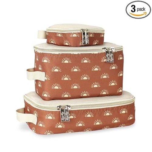 Itzy Ritzy Packing Cubes for Travel – Set of 3 Packing Cubes or Travel Organizers – Each Cube Features a Mesh Top, Double Zippers and a Fabric Handle (Terracotta Sunrise)