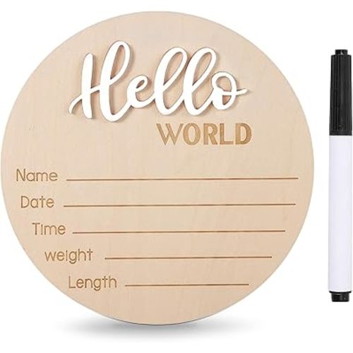 Baby Announcement Sign with Pen, 5.9 Inch Wooden Hello World Newborn Sign for Hospital, Newborn Gift for Boy & Girl, White