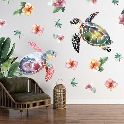 Watercolor Sea Turtle Wall Decal Pack – Ocean Nursery Wall Stickers – Tropical Floral Kids Room Decor – Peel and Stick Removable Vinyl