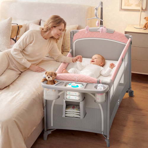 Baby Gourmet 5 in 1 Baby Bassinet and Playpen, Bedside Crib, Portable Travel Nursery, Pink