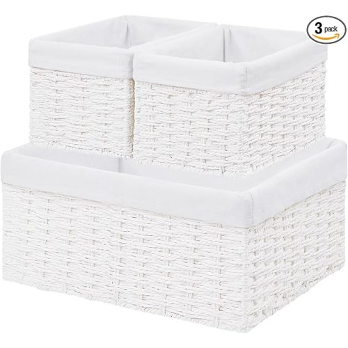Wicker Basket, Set of 3 Hand-woven Storage Baskets for Organizing, Decorative Rectangle Wicker Storage Basket Bins with Handles, Small Toilet Paper Storage Baskets for Shelves & Decor, White