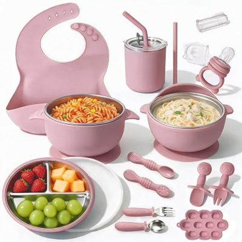 17PCS Stainless Steel Baby Feeding Set with Suction, Pink