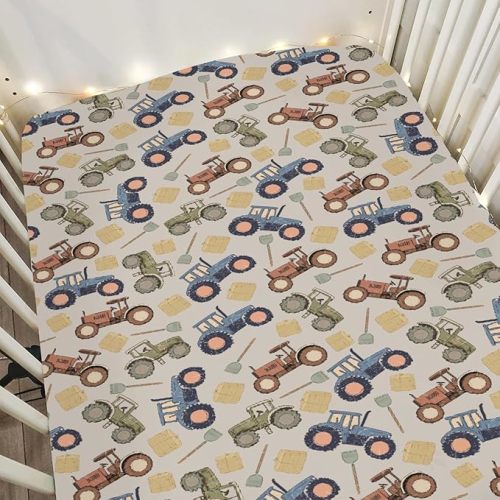 Vintage Tractors Baby Crib Sheets for Boy Girl 28"x52" Farm Tractor Harvest Soft Stretchy Fitted Crib Mattress Cover Farmhouse Trucks Vehicle Nursery Baby Sheet for Crib and Toddler Bed Mattresses