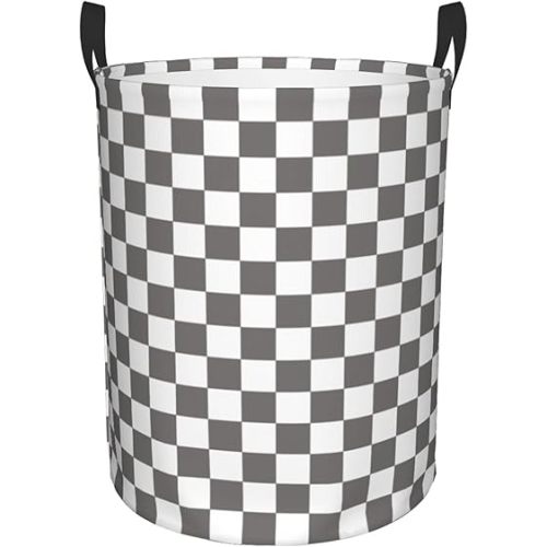 Grey and White Checkered Laundry Basket Collapsible Clothes Hamper with Handle Laundry Room Organization and Storage for For Bedroom Bathroom Dorm M