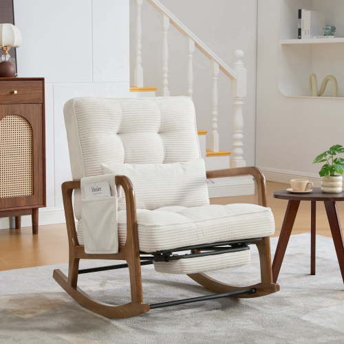 Homefun Corduroy Rocking Chair Wood Frame with Footrest Adjustable Back Storage Pocket for Nursery Living Room,Beige