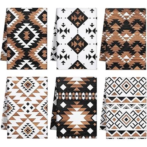 Breling Set of 6 Western Aztec Kitchen Towels Vintage Themed Dish Towel Bathroom Decorative Rustic Cloths for Kitchen Bathroom Home Cooking Housewarming, 14 x 21 Inch